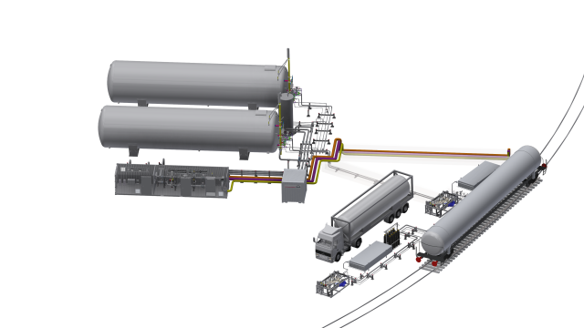 En 3D-bild av hur ett återförgasningssystem kan se ut för gaserna LNG och LBG