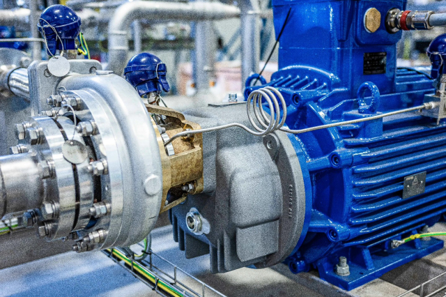 Närbild av en blå industriell elmotor sammankopplad med ett flänsmonterat pumphus i rostfritt stål, utrustad med sensorer och skyddsjordning.