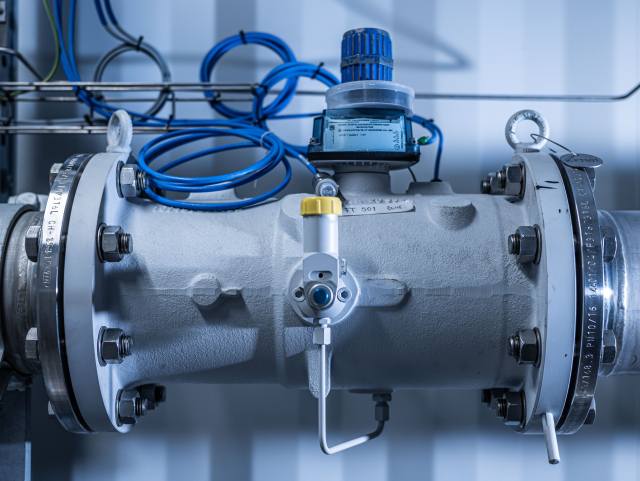 Flänsmonterad industriell flödesmätare med blå sensorledningar och instrumentering på ett rörsystem.